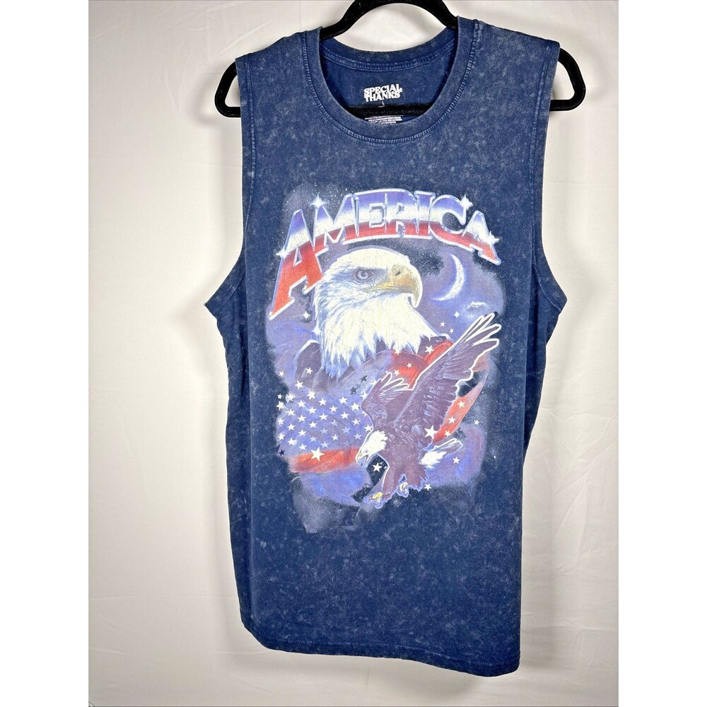 Special Thanks Tank Top Mens L Navy Blue America Eagle Flag Vintage Style Pride